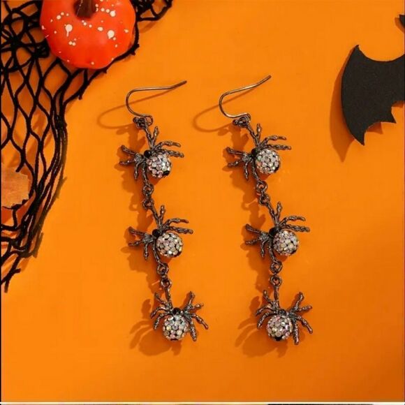 New TRIPLE SPIDER rhinestone ball dangle halloween earrings - Picture 2 of 5